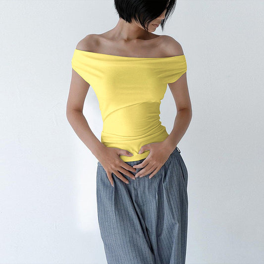Elegant Yellow Short Tops Fashionable One-line Collar Short-sleeved Lace Up Backless Strappy Off-shoulder Slim Fit T-shirt