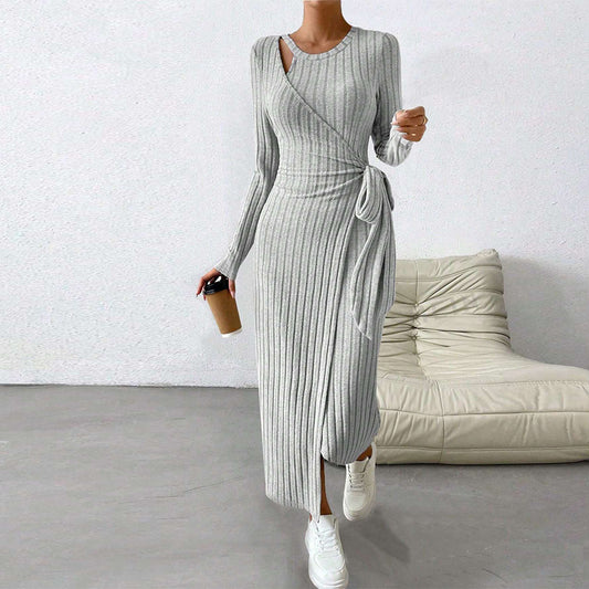 Fall Winter Women Dress Hollow Out Wrap Lace Up Waist Round Neck Irregular Hem Lady Dress Solid Color Long Sleeve Knitted Dress