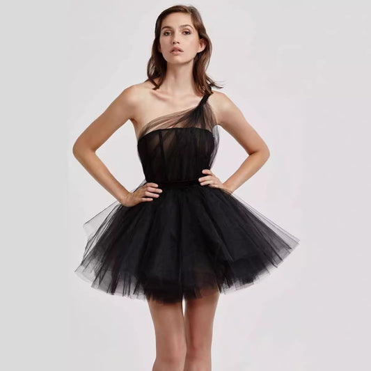 Women Strapless Off Shoulder Party Dress Summer Sexy Sleeveless Tulle Mesh Short Dress Lace Up Bow Puffy A Line Evening Dress
