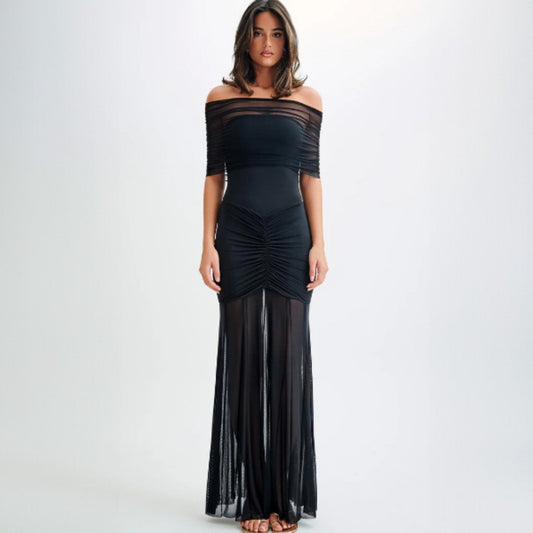 Strapless Mesh Splice Backless Dress For Women Sleeveless Bodycon Ruched Dress Solid Fashion High Waist Removable Clothes