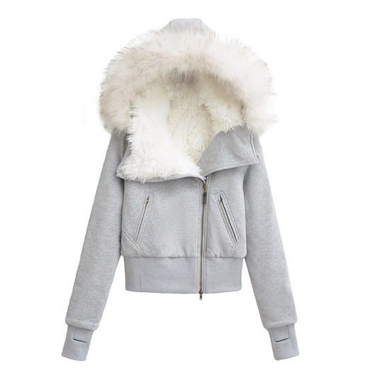 Hooded Fur Collar Short Cotton-padded Coats Lady Zipper Plush Warm Jacket Female Winter Coats