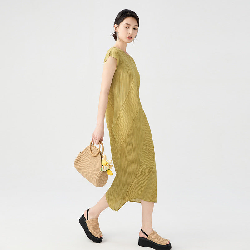 Minimalism Pleated Dress For Women O-neck Sleeveless Solid Color Casual Dresses