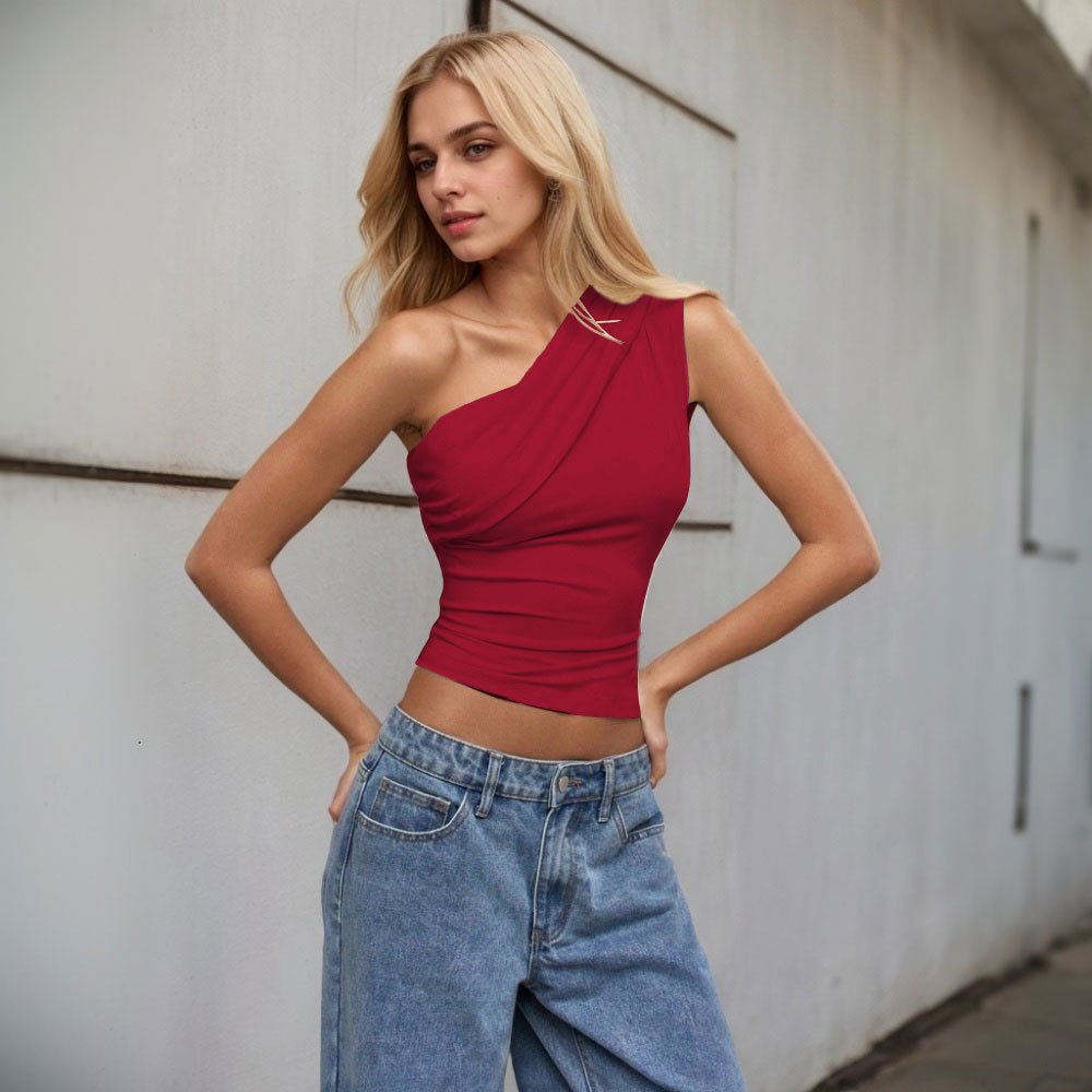 Women One Shoulder Backless Shrink Tank Top,Sexy T-Shirt Solid Tight Sleeveless Neckless Slim Short T-shirt,Casaul Summer Top