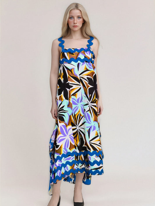 New Sexy Sleeveless Strap Skirt Fashion Plant Flower Printed Long Zipper Casual Loose Dress for Women