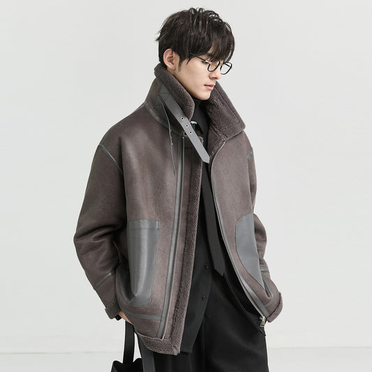 Winter Faux Fur Splice Suede Thicken Warm Jacket Men Streetwear Fashion Loose Casual Motorcycle Jacket Plus Size Parka Coat