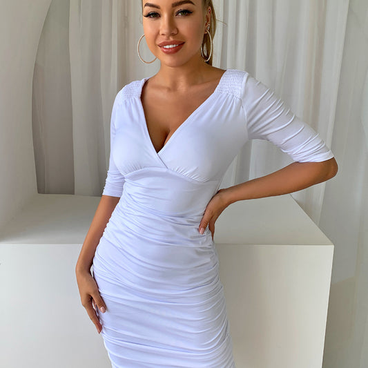 Long-Sleeved V-Neck Sexy Pleated Shoulder Pleated Hip Dress