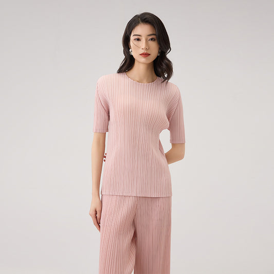 Woemn's Clthes Bat Half Sleeve O-neck Pullover Tops And Elastic High Waist Folded Design A-line Skirts