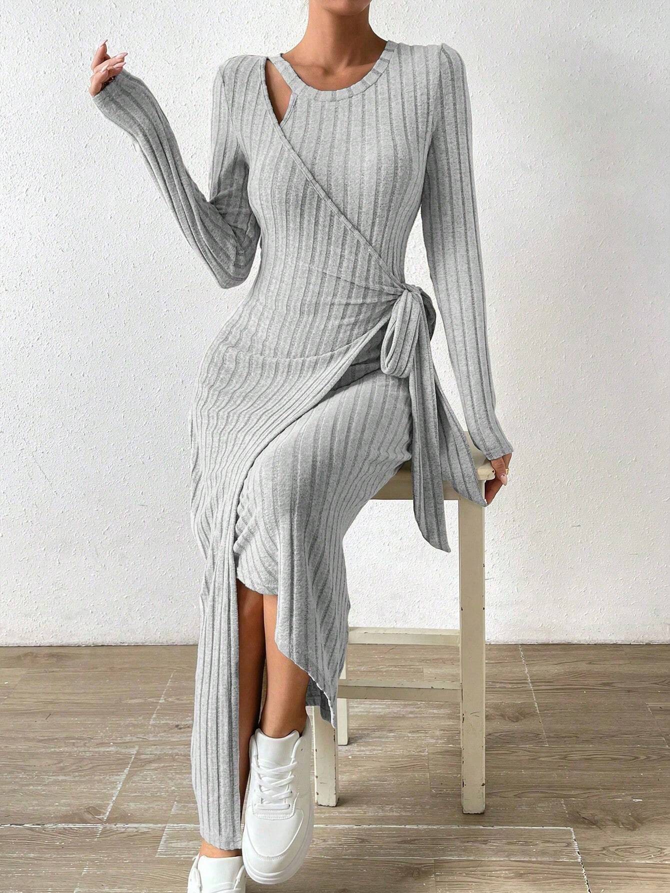 Fall Winter Women Dress Hollow Out Wrap Lace Up Waist Round Neck Irregular Hem Lady Dress Solid Color Long Sleeve Knitted Dress