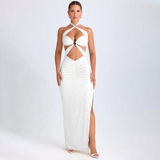 Women Sexy Backless 3D Flowers Design Sleeveless Draped Long Dress Party Evening Vestidos