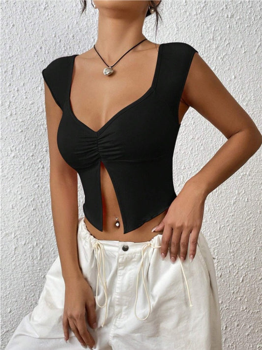 Low Collar Short Sleeve Casual Women Black T-shirt Summer Skinny Sexy Solid Basic Crop Tops Fashion Hem Slit Streetwear