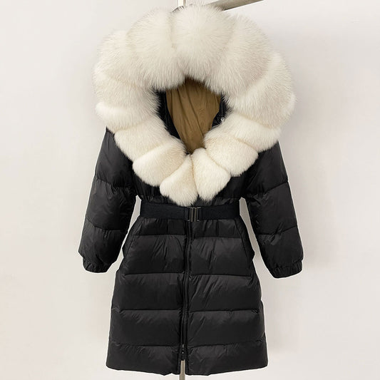 New Natural Thick Warm 90% White Duck Down Coat Long Winter Jacket Women Real Big Fox Fur Collar Belt Loose Puffer Parka