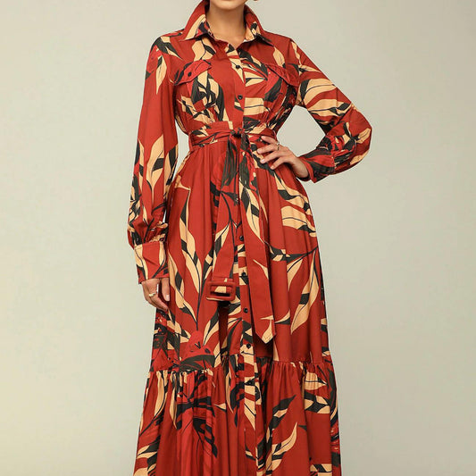 Red Green Polyester African Dresses for Women Spring Long Sleeve V-neck Print Long Maxi Dress Dashiki African Clothing