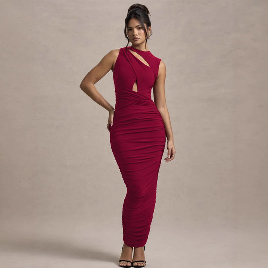 Fashionable Elegant Sexy Off Shoulder Hollow Out Sleeveless Tight Fitting Women's Long Dress Club Waist Cinching Evening Dress
