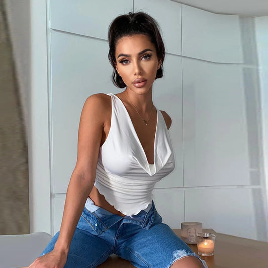 Summer Fashion Outfits Ruffles Ruched Sexy Tank Tops For Women White Slim Elastic Top Cropped Club Party Casual Tops
