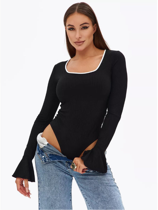 New Autumn Square Collar Solid Color Splicing Slim Fit Flared Cuffs Sexy Spicy Girl Ribbed Jumpsuit