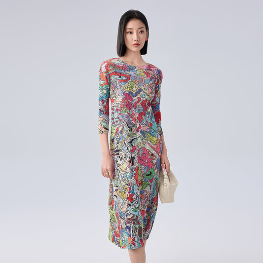 Print Pleated Skirt/Holiday Party Temperament Loose Bat S Sleeve Dress