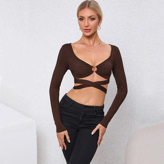Women New Sexy Hollow Slim Ultra-short Long-sleeved Sweater Fashion Top