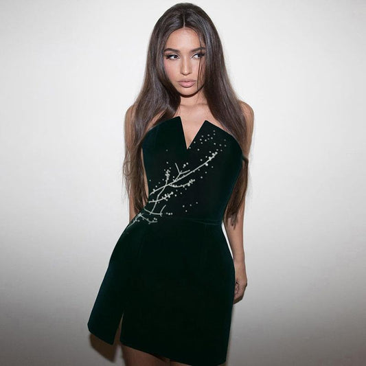 Velvet Short Prom Dresses Strapless Pearls Beads Sexy Short Party Gowns Strapless Off Shoulder Elegant Evening Wrap Mini Dress
