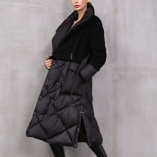 Winter 90 Duck Down for Women Coats Lamb Faux Spliced Lace Up Coat Turtleneck Split Thick Warm Windproof Puffer Jacket