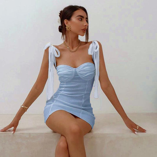 Sexy Pleated Mini Dress Slim Fit Elegant Belted Skirt Spring Summer New Arrival Women's Fashion Polyester Fiber Sleeveless Gown