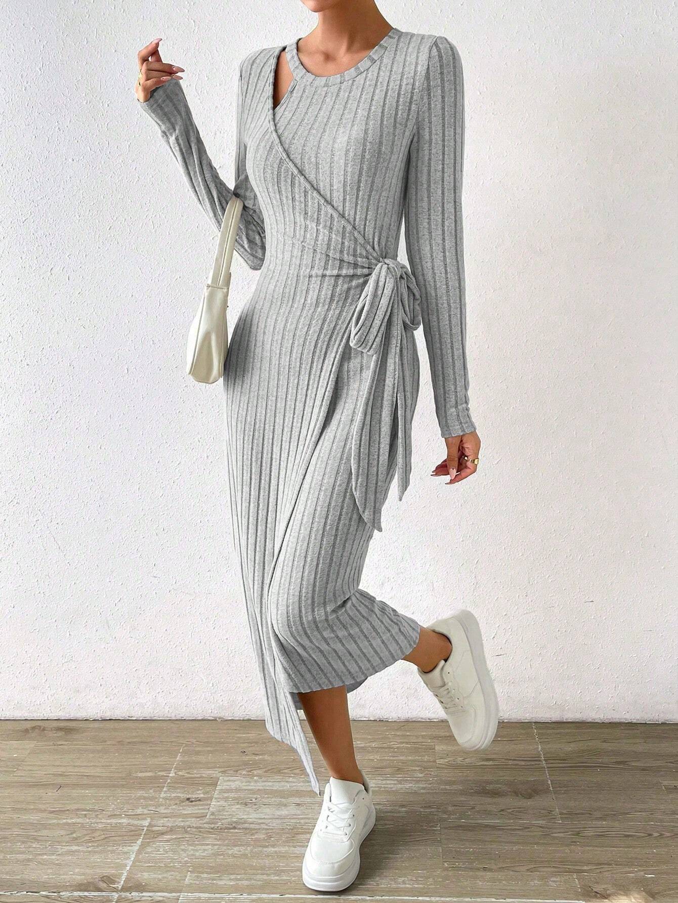 Fall Winter Women Dress Hollow Out Wrap Lace Up Waist Round Neck Irregular Hem Lady Dress Solid Color Long Sleeve Knitted Dress