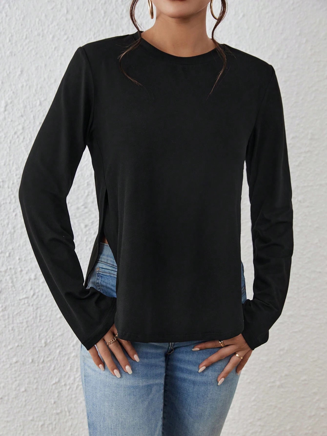 Women's Loose Casual Round Neck Slit Long-sleeved T-shirt Versatile Top