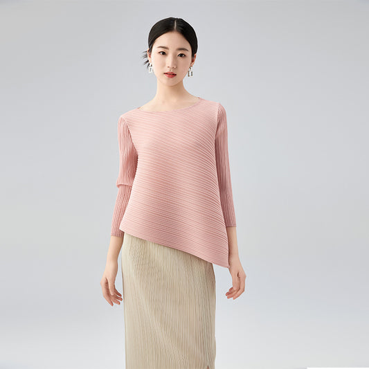 Women's Solid O-Neck Long Sleeve Irregular Tops + Ruffles Cropped Pants Set Suit