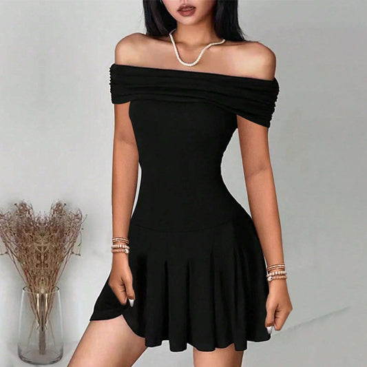 Sexy Slash Neck Solid Short sleeved Dress for Summer Women 2024 New Skinny High Waist Mini Dress for Ladies