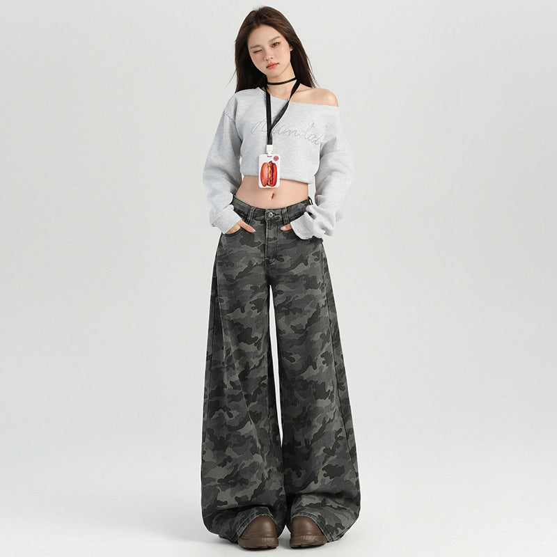 American Style Grey Loose-Fit High-Waisted Cargo Pants Women's Casual Sporttrousers Autumn Wide-Leg Camouflage