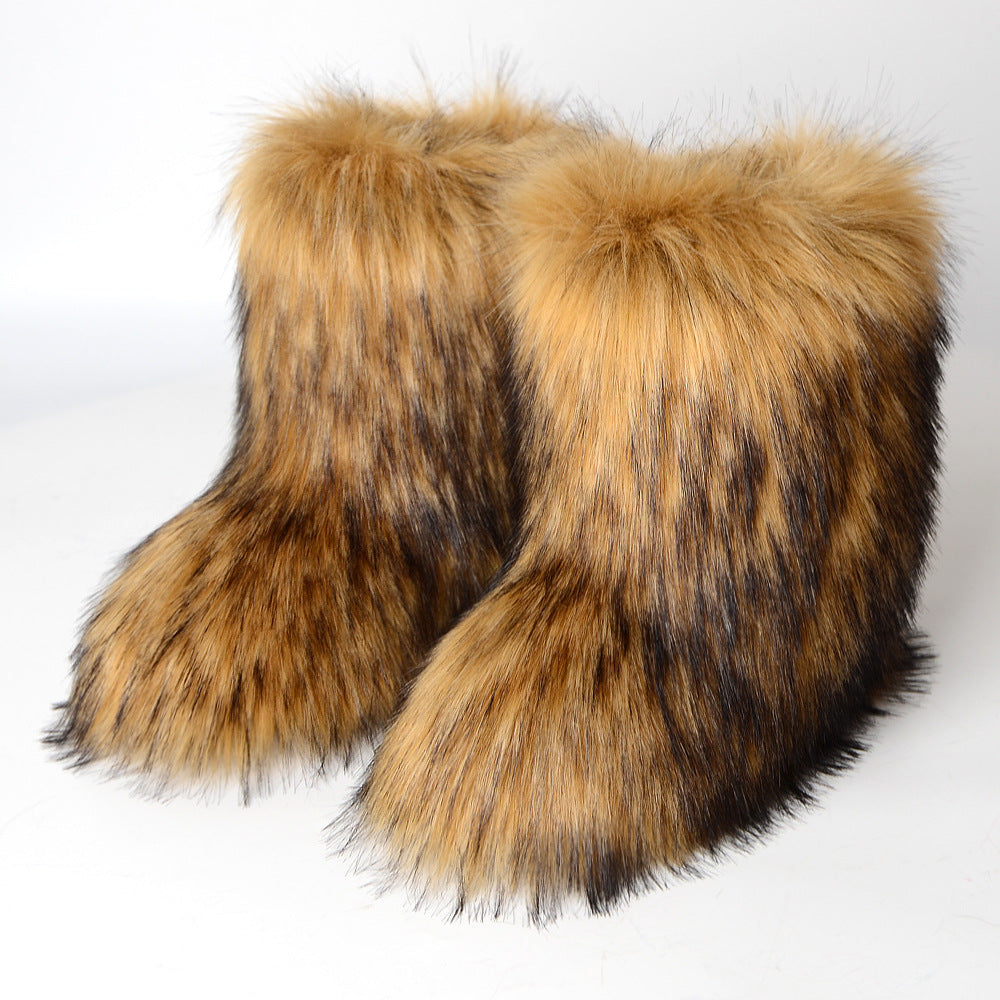 Women Winter Fluffy Faux Fur Mid-Calf Snow Boots Y2K Fashion Warm Snow Boots Girl's Luxury Footwear Furry Boots Outdoor