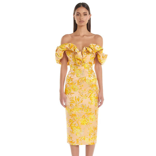 French Design Sensual One-Shoulder Waist-Cinched Elegantly Yellow Embroidered Dress for Ladies' Party And Wedding