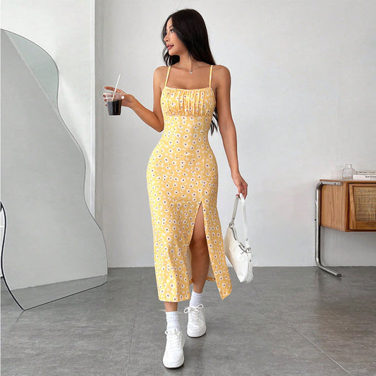 Fall 2025 Long Dress Strapless Wrap Chest High Slit Daisy Leopard Print Wrap around Skirt Maxi Dress