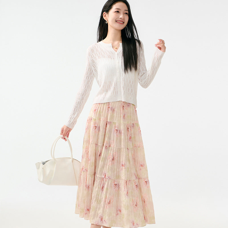Women Short Knit Cardigan Round Neck Solid Color Autumn Soft and Slim Fit Cable Knit Sweater