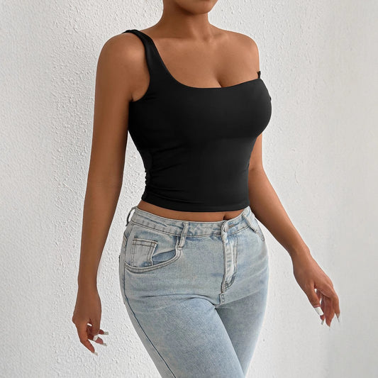 Sleeveless Collar Crop Top Women Tank Tops Casual Summer Black T Shirts Sexy