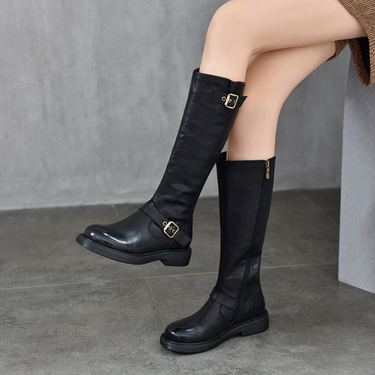 Cow Leather Chunky Med Heels Retro Riding Boots Brand Winter Warm Zipper Concise Office Lady Casual Knee High Boots