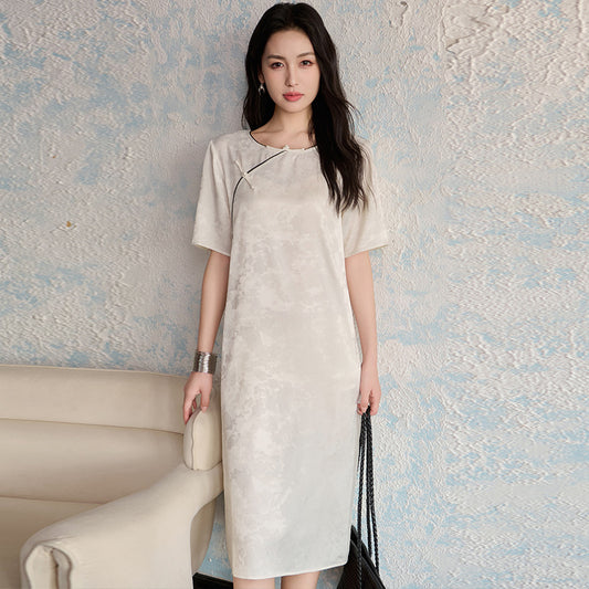 Chinese Style Short Sleeve Acetate Embroidery Dress
