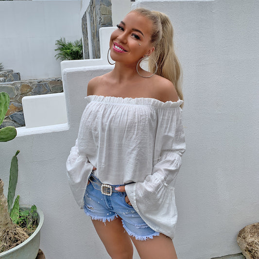 Femme Boho Flare Sleeve Tops Off The Shoulder Solid Color Shirts Loose Fit Casual T Shirts Hippie Blusas Mujer