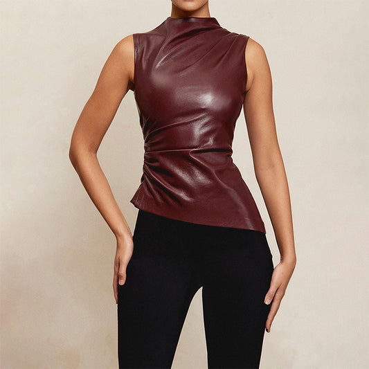 PU Leather Tank Women Street Wine Red Sleeveless Pleated Slim Female Top Spring Summer Sexy Sheath Zipper Elastic Lady Shirt