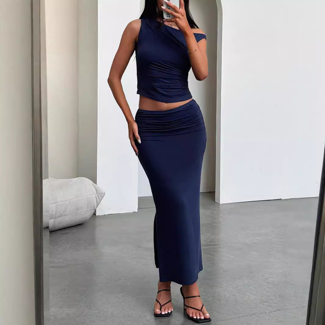 Elegant Solid Color Asymmetrical Long Dress Fashionable Slanted Neck Sleeveless Slim Fit Dress Autumn Winter Party Women's Wear