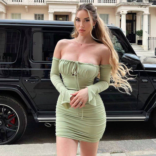 Sexy Bodycon Dresses Women White Pleated long sleeve Mini Dress Vestidos Elegant Club Party Dresses