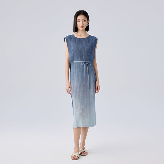 Summer New Gradient Color Simple Wind Slim and Thin Lace-up Medium-length Dress Female