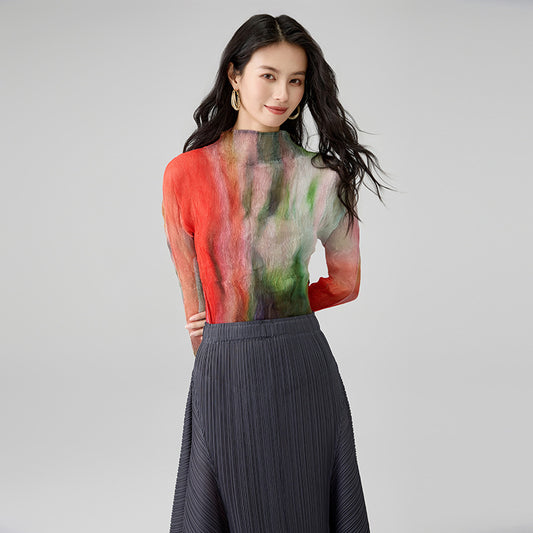 Spring New Tie-dye Long-sleeved Bottoming Shirt Wicker Print Fashionable Versatile Half-high Neck Slim T-shirt