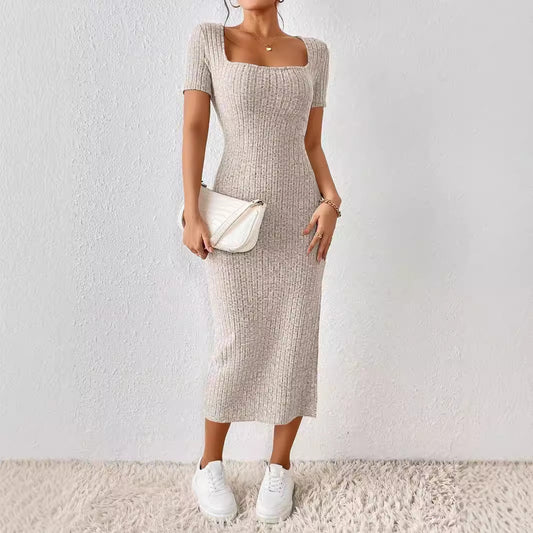 Summer Square Neck, Hip-Hugging Mid-Length Skirt, Short-Sleeved, Versatile Knitted Slit Dress