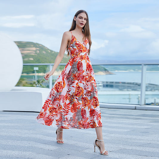 Women's All Season Suitable Halter Backless Dress Women's Superior Design Random Printed V-Neck Split Long Dresses