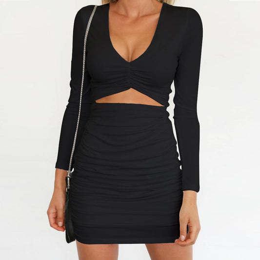 Women's Dress Deep V Neck Long-sleeved pleated dress Hollowed Party Mini Skirts Sexy Elegant Summer New