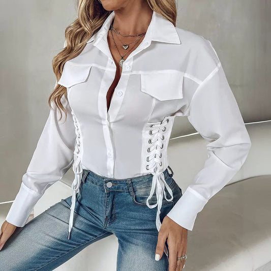Spring Women Shirt Fashion Eyelet Lace-Up Long Sleeve Buttoned Casual Turn-Down Collar Plain Daily Shirt Top