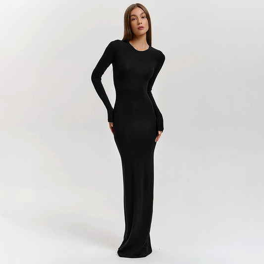 Women's Dress Autumn New Long Sleeve Long One-piece Dresses Solid Maxi Simple Elegant Casual Bodycon Robe Ladies Fashion