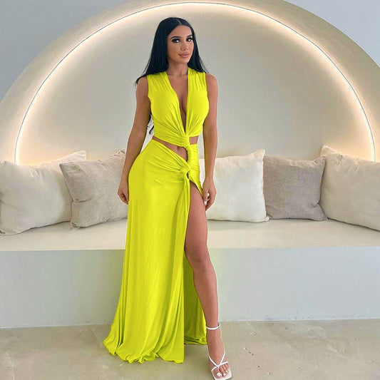 Sexy Hollow Out Twist Knot High Slit Maxi Dress Chic Ladies Deep V Sleeveless Solid Long Dresses Fashion Female Vacatio