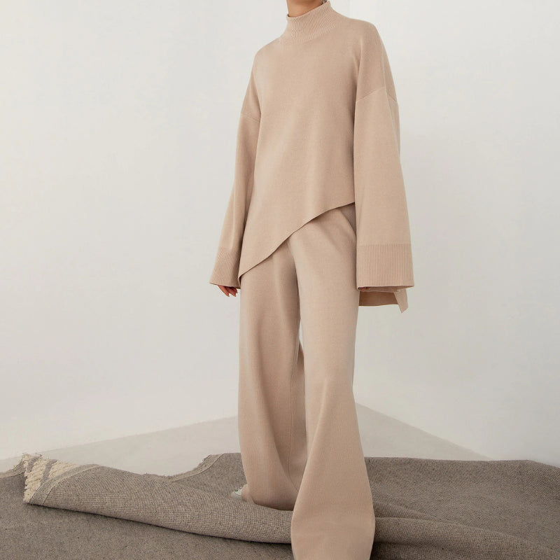 Semi-turtleneck Sweater Irregular Beveled Sweater + Knitted Wide-leg Pants Two-piece Set