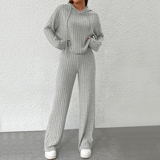 Spring Autumn Women's New Solid Color Casual Knitted Striped Hooded Sweatshirt Loose Long Sleeved Long Pants Two-piece Set